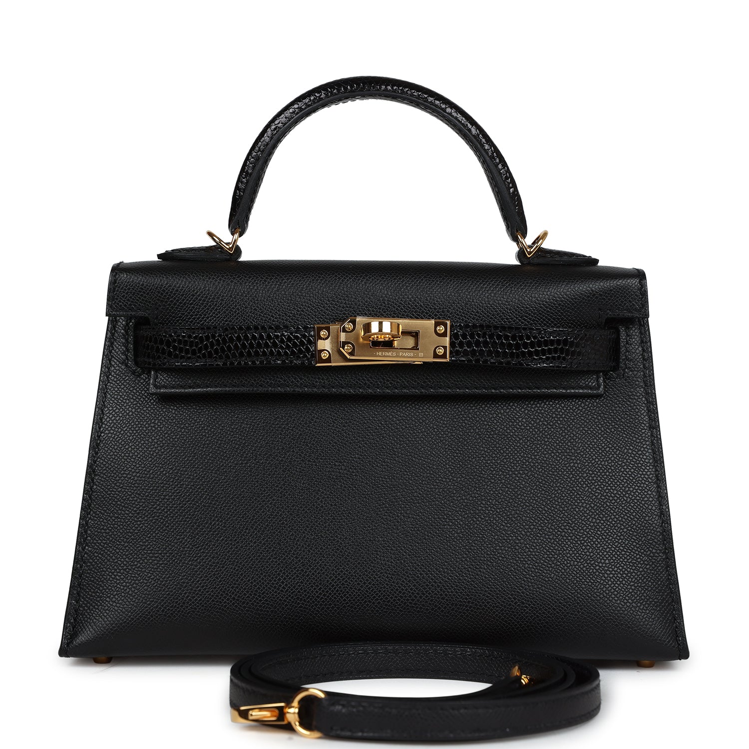Hermes Kelly Sellier 20 Black Madame and Lizard Touch Gold Hardware ...