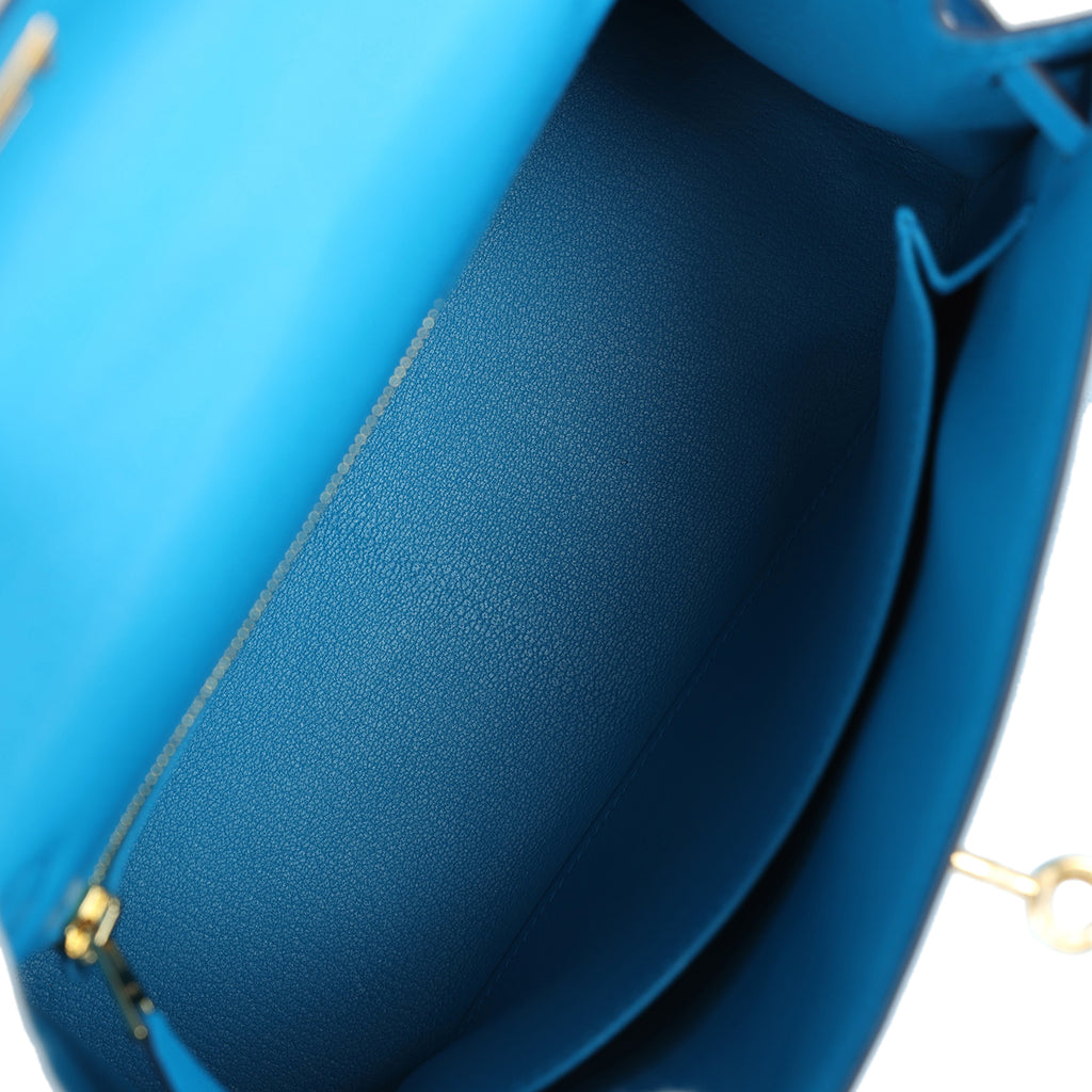 Hermes Kelly Sellier 25 Bleu Frida Chevre Gold Hardware