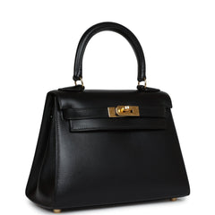 Vintage Hermes Kelly Sellier 20 Black Box Gold Hardware
