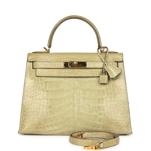 Vintage Hermes Kelly Sellier 28 Vert Celadon Natura Shiny Alligator Gold Hardware