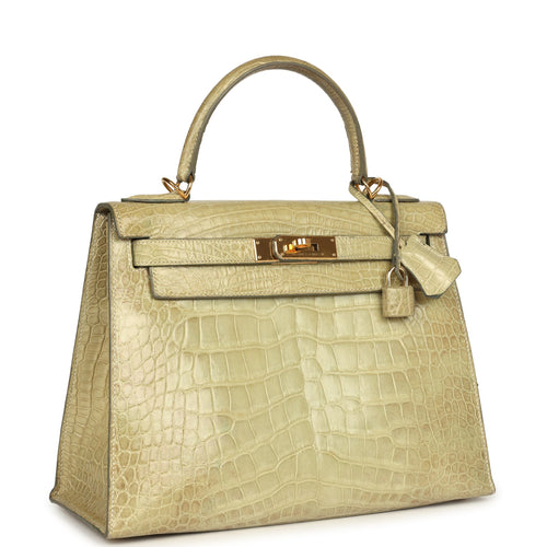 Vintage Hermes Kelly Sellier 28 Vert Celadon Natura Shiny Alligator Gold Hardware