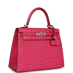 Pre-owned Hermes Kelly Sellier 25 Rose Tyrien Ostrich Palladium Hardware