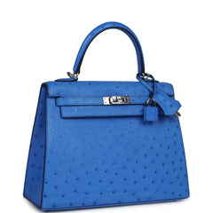 Hermes Kelly Sellier 25 Bleuet Ostrich Palladium Hardware
