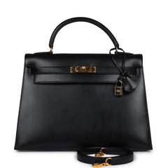 Vintage Hermes Kelly Sellier 32 Black Box Gold Hardware