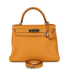 Pre-owned Hermes Kelly Retourne 28 Moutarde Clemence Palladium Hardware
