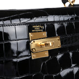 Hermes Kelly Sellier 28 Black Shiny Alligator Gold Hardware