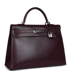 Vintage Hermes Kelly Sellier 35 Raisin Box Palladium Hardware