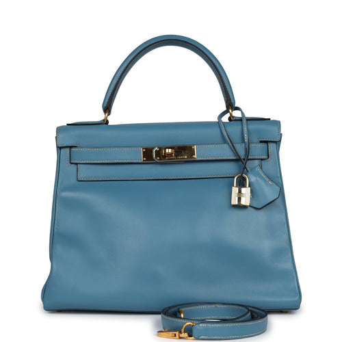 Vintage Hermes Kelly Retourne 28 Blue Jean Box Gold Hardware