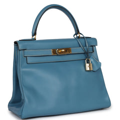 Vintage Hermes Kelly Retourne 28 Blue Jean Box Gold Hardware