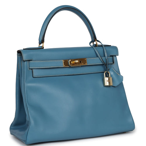 Vintage Hermes Kelly Retourne 28 Blue Jean Box Gold Hardware