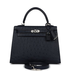 Hermes Special Order (HSS) Kelly Sellier 25 Bleu Indigo Verso Ostrich Palladium Hardware