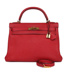 Pre-owned Hermes Kelly Retourne 32 Vermillion Clemence Gold Hardware