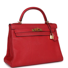 Pre-owned Hermes Kelly Retourne 32 Vermillion Clemence Gold Hardware