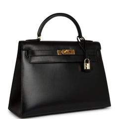 Vintage Hermes Kelly Sellier 32 Black Box Gold Hardware