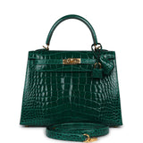 Pre-owned Hermes Kelly Sellier 25 Emerald Shiny Alligator Gold Hardware