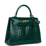 Pre-owned Hermes Kelly Sellier 25 Emerald Shiny Alligator Gold Hardware