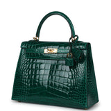 Pre-owned Hermes Kelly Sellier 25 Emerald Shiny Alligator Gold Hardware