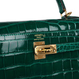 Pre-owned Hermes Kelly Sellier 25 Emerald Shiny Alligator Gold Hardware