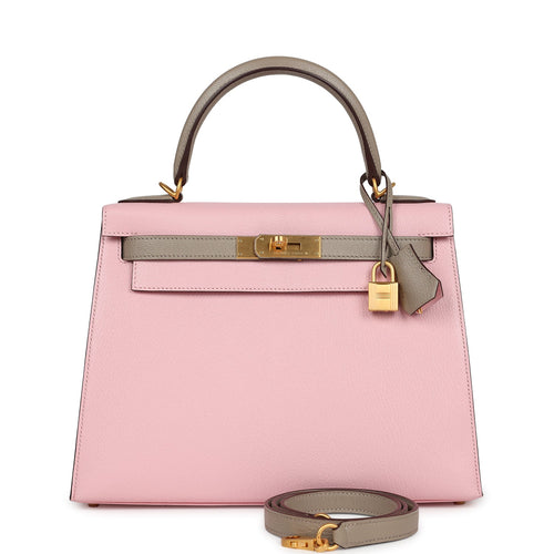 Pre-owned Hermes HSS Kelly Sellier 28 Rose Sakura and Gris Tourterelle Chevre Brushed Gold Hardware