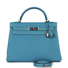 Vintage Hermes Kelly Retourne 32 Blue Jean Fjord Palladium Hardware