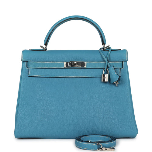 Vintage Hermes Kelly Retourne 32 Blue Jean Fjord Palladium Hardware