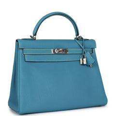 Vintage Hermes Kelly Retourne 32 Blue Jean Fjord Palladium Hardware