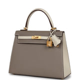 Hermes Special Order (HSS) Kelly Sellier 25 Etoupe and Craie Epsom Brushed Gold Hardware