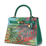 Custom Tropical Swarovski Crystal Hermes Kelly Retourne 28 Vert Vertigo Clemence Gold Hardware