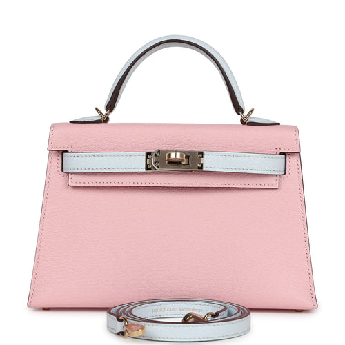 Hermes Special Order (HSS) Kelly Sellier 20 Rose Sakura and Bleu Brume Chevre Permabrass Hardware