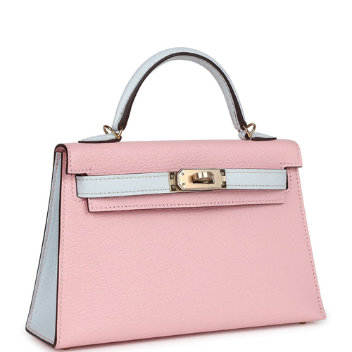 Hermes Special Order (HSS) Kelly Sellier 20 Rose Sakura and Bleu Brume Chevre Permabrass Hardware