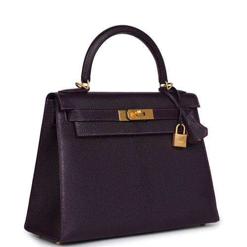 Pre-owned Hermes Special Order (HSS) Kelly Sellier 28 Raisin Verso Chevre Brushed Gold Hardware