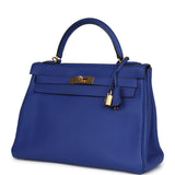 Pre-owned Hermes Kelly Retourne 32 Bleu Electric Togo Gold Hardware