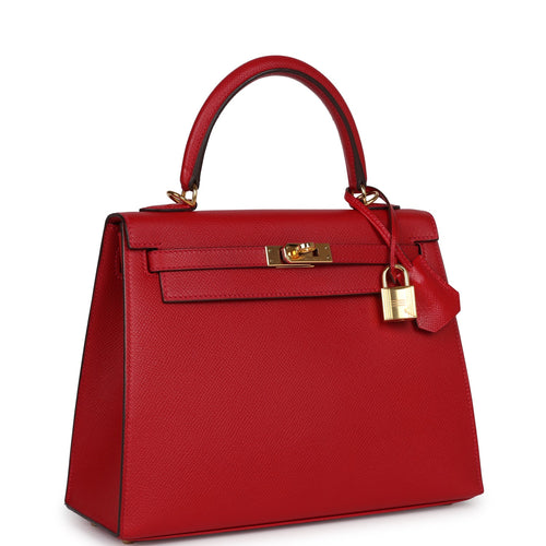 Pre-Owned Hermes Kelly Sellier 25 Rouge Casaque Epsom Gold Hardware