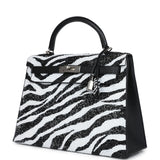 Custom Zebra Swarovski Crystal Hermes Kelly Sellier 32 Black Epsom Palladium Hardware