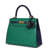 Pre-owned Hermes Special Order (HSS) Kelly Sellier 25 Vert Vertigo and Bleu Iris Ostrich Brushed Gold Hardware