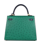 Pre-owned Hermes Special Order (HSS) Kelly Sellier 25 Vert Vertigo and Bleu Iris Ostrich Brushed Gold Hardware