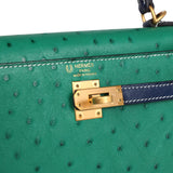 Pre-owned Hermes Special Order (HSS) Kelly Sellier 25 Vert Vertigo and Bleu Iris Ostrich Brushed Gold Hardware