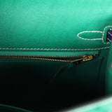 Pre-owned Hermes Special Order (HSS) Kelly Sellier 25 Vert Vertigo and Bleu Iris Ostrich Brushed Gold Hardware