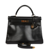 Vintage Hermes Kelly Retourne 32 Black Box Gold Hardware