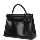 Vintage Hermes Kelly Retourne 32 Black Box Gold Hardware