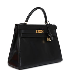 Vintage Hermes Kelly Retourne 32 Black Box Gold Hardware