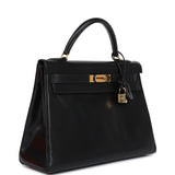 Vintage Hermes Kelly Retourne 32 Black Box Gold Hardware