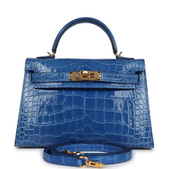 Hermes Kelly Sellier 20 Bleu Zellige Shiny Alligator Gold Hardware