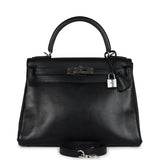 Pre-owned Hermes Kelly Retourne 28 Black Evergrain Palladium Hardware