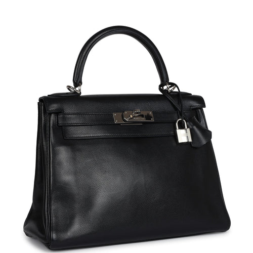 Pre-owned Hermes Kelly Retourne 28 Black Evergrain Palladium Hardware
