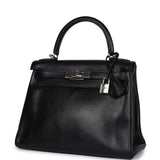 Pre-owned Hermes Kelly Retourne 28 Black Evergrain Palladium Hardware