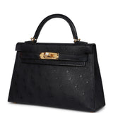 Hermes Kelly Sellier 20 Black Ostrich Gold Hardware