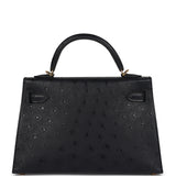 Hermes Kelly Sellier 20 Black Ostrich Gold Hardware