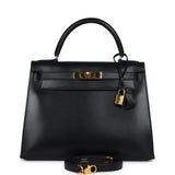 Vintage Hermes Kelly Sellier 28 Black Box Gold Hardware