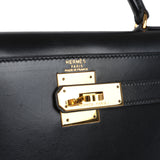 Vintage Hermes Kelly Sellier 28 Black Box Gold Hardware